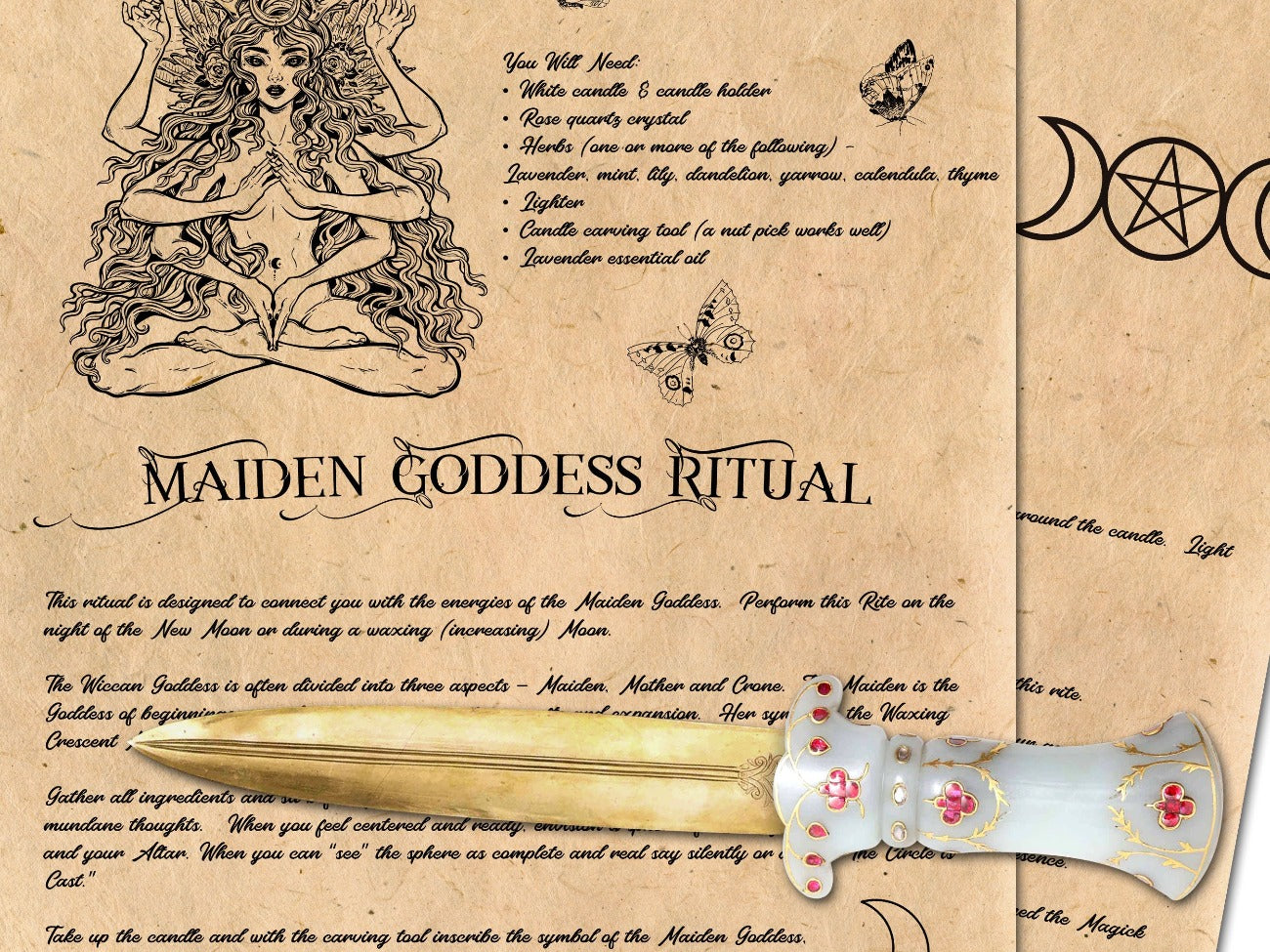 MAIDEN GODDESS RITUAL 2 Pages, Wicca New Moon Goddess Spell, Honor the Maiden, Witchcraft Ritual, Maiden Goddess Prayer Esbat Meditation - Morgana Magick Spell