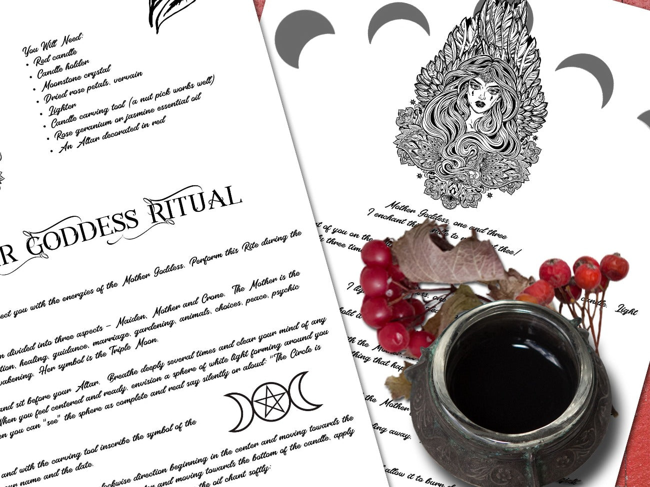 MOTHER GODDESS RITUAL 2 Pages, shown with the optional white background- Morgana Magick Spell