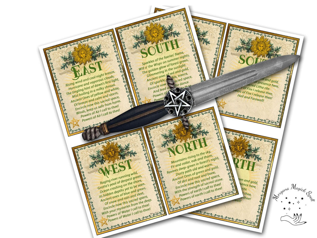 LITHA QUARTER CALLS 8 Printable Cards shown on two printable sheets with a Wicca Athame ritual knife - Morgana Magick Spell