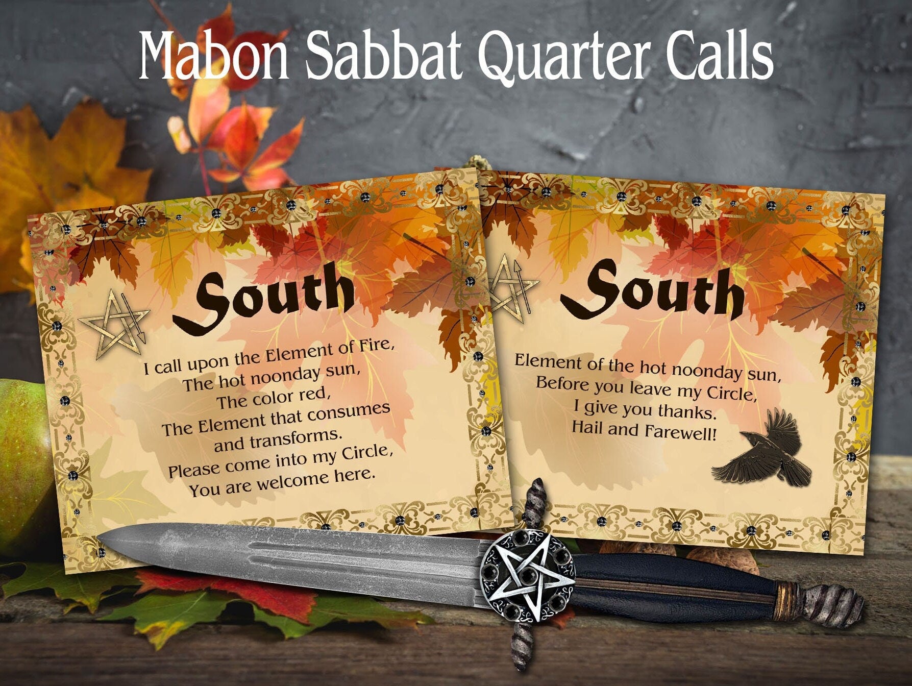 SOUTH QUARTER CALLS, 2 Cards to Call and Release the Quarters, with invoking and banishing Pentagram diagram included, Printable Cards - Morgana Magick Spell
