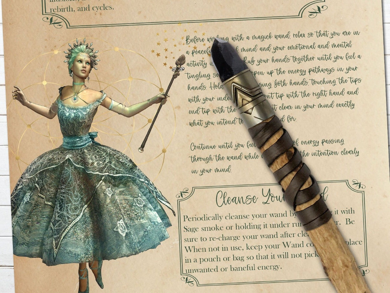MAGICK WAND, close-up view shown with the optional parchment background, Printable Page for your Spellbook - Morgana Magick Spell