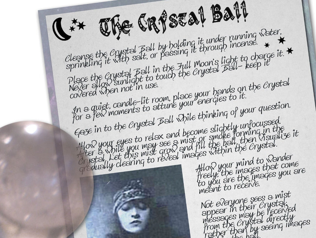 CRYSTAL BALL close-up view of the vintage gypsy art and text- Morgana Magick Spell