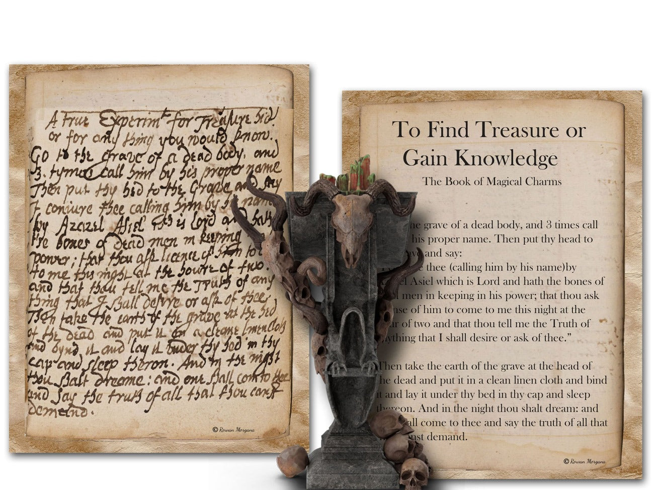 To Find Treasure page handwritten ancient 17th century spell shown with the translation page beside it - Morgana Magick spell