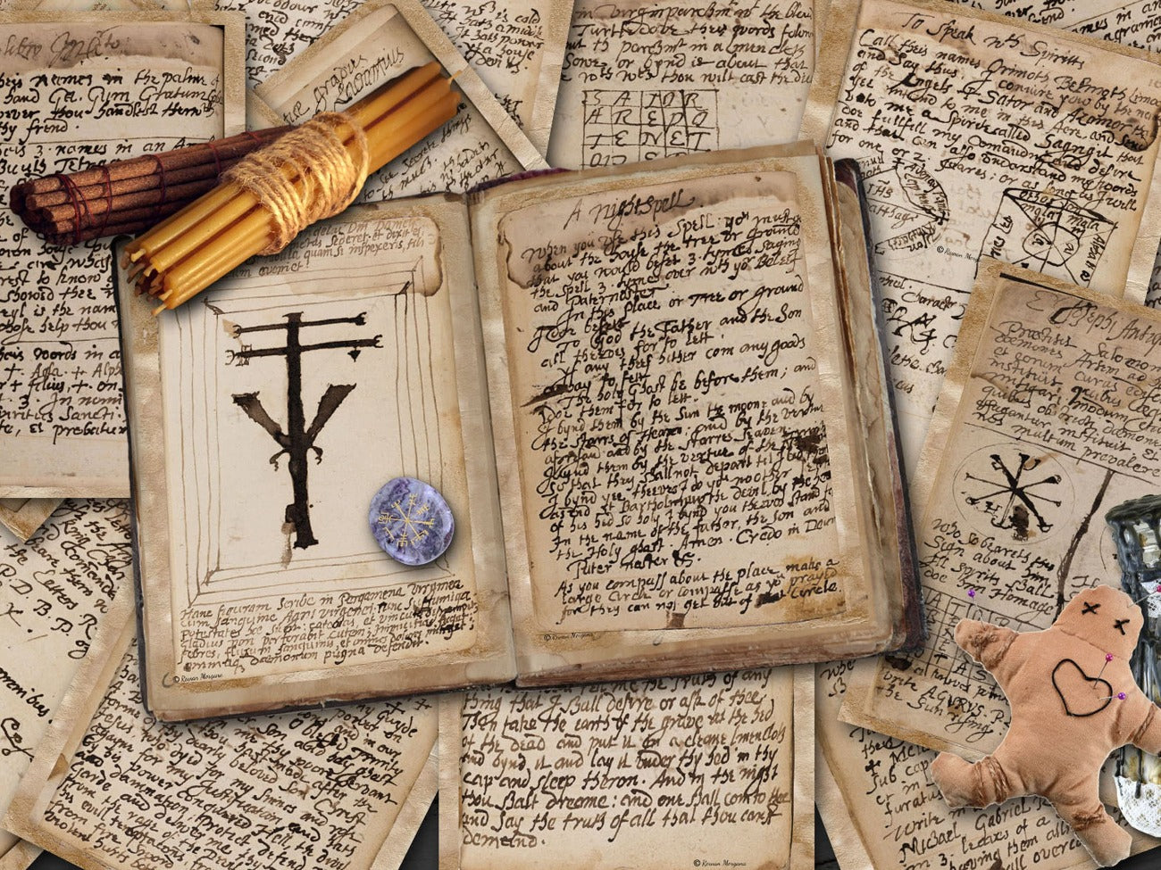 ANCIENT SPELLS 25 pages shown with two pages in an open witch book and the rest of the pages scattered underneath it. Pages are old parchment with handwritten spells- Morgana Magick Spell