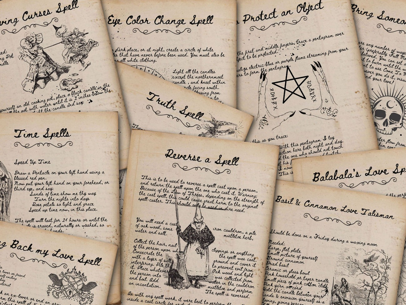 A sample of 10 of the spell pages in parchment.