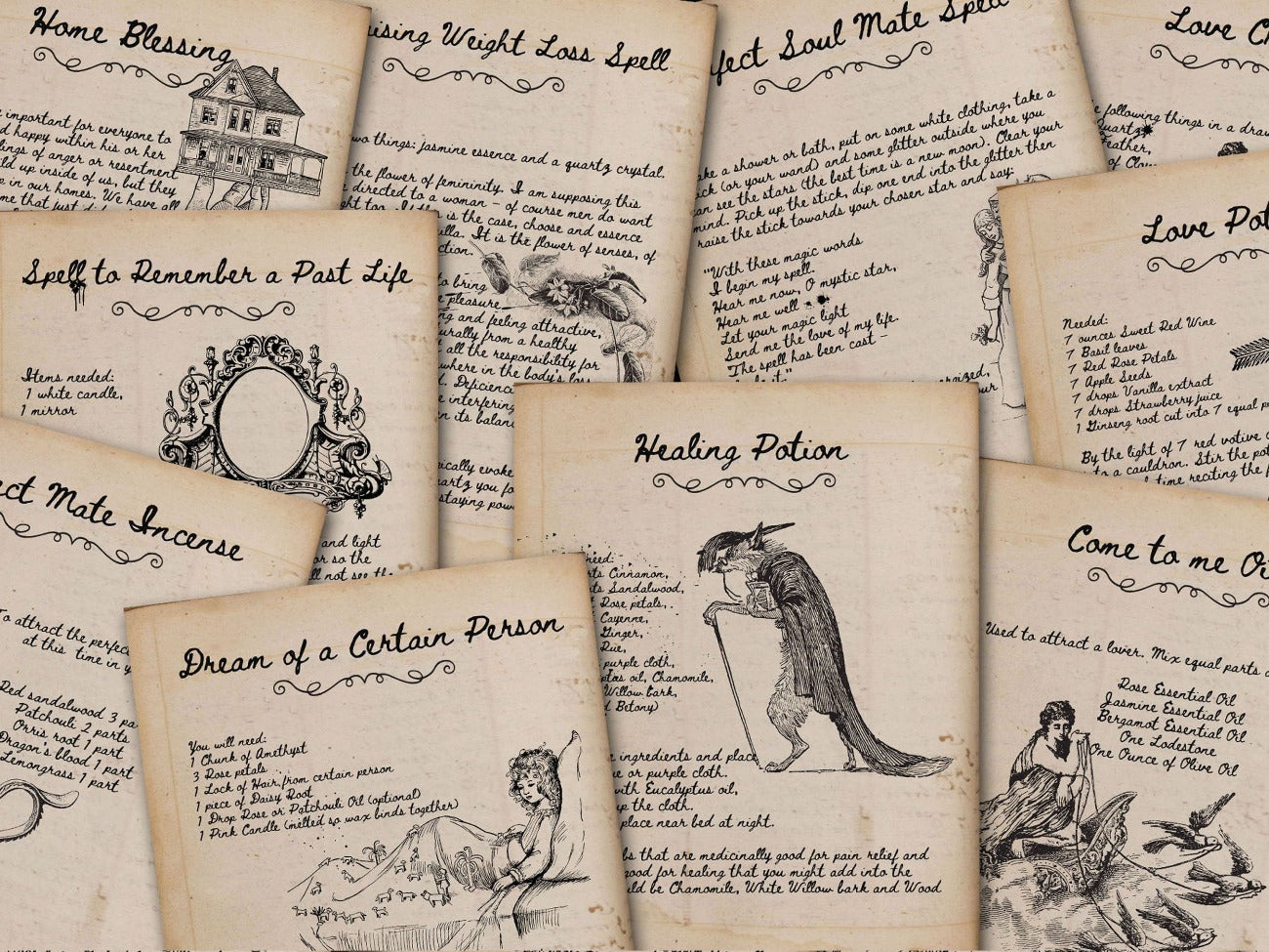 A sample of 10 of the spell pages in parchment.