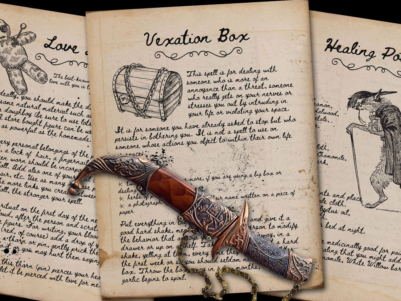 Love Doll, Vexation Box, and Healing potion pages are displayed with a sheathed ritual knife.