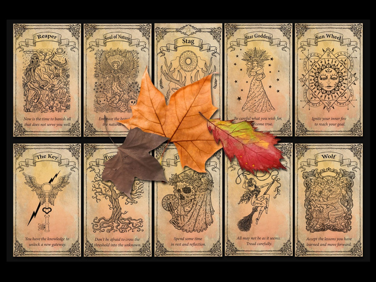20 Mabon Sabbat Oracle Cards with Celtic borders, assorted Mabon related pictures with inspirational text.