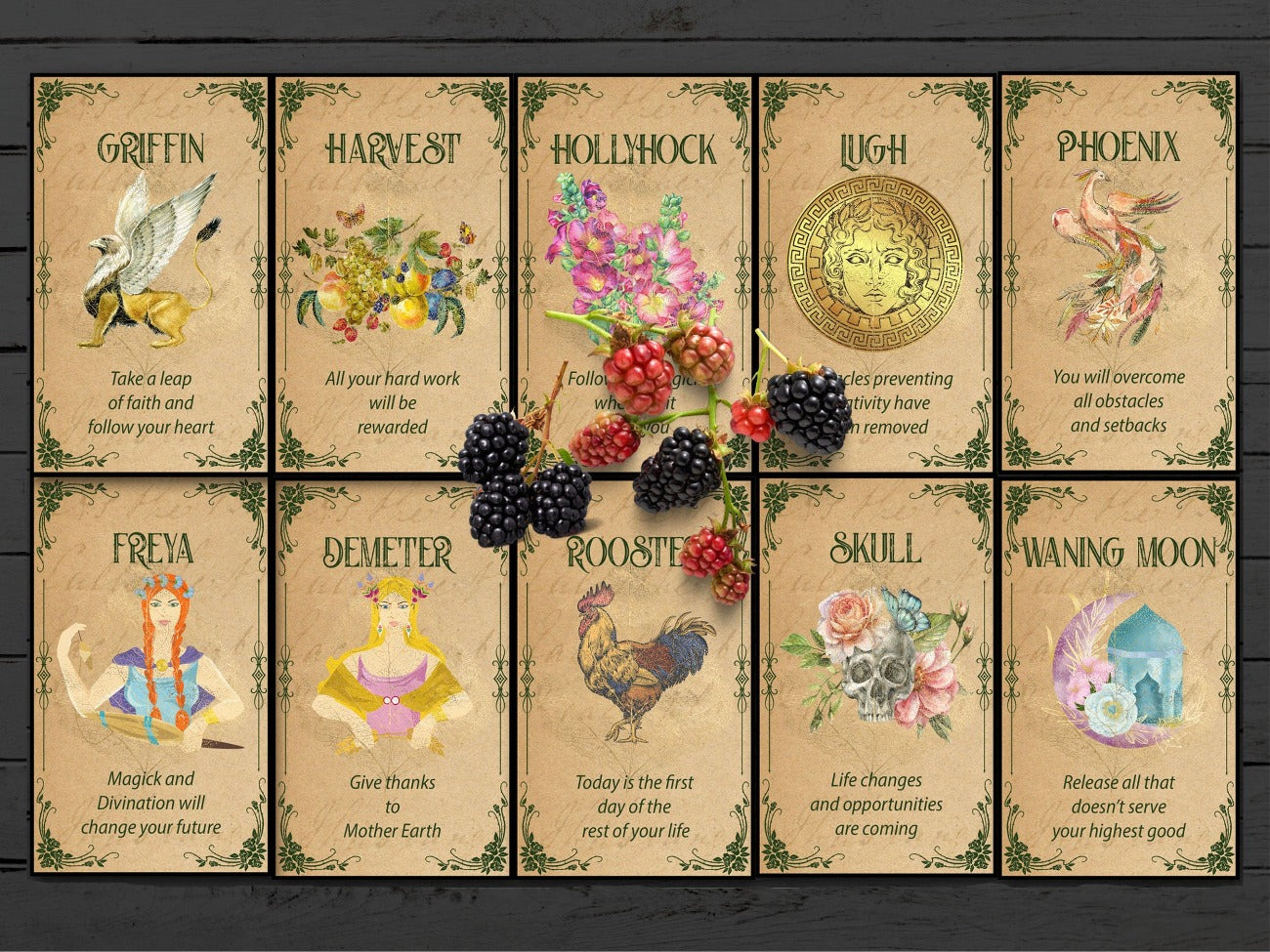 Image of 10 Oracle Cards, Griffin, Harvest, Hollyhock, Lugh, Phoenix, Freya, Demeter, Rooster, Skull, and Waning Moon.