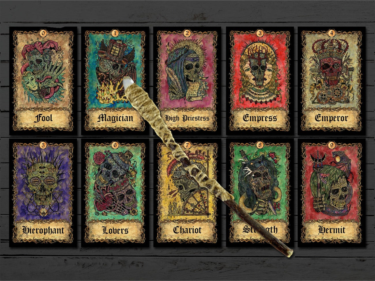 The first 10 Major Arcana cards of the Grim Reaper deck include Fool, Magician, High Priestess, Empress, Emperor, Hierophant, Lovers, Chariot, Strenght, and Hermit.