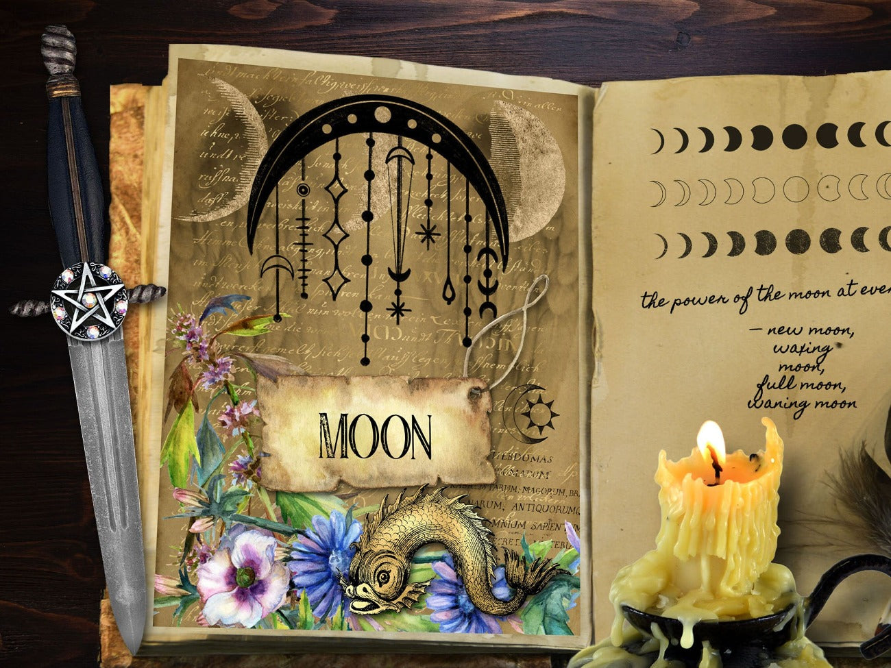 Image of Moon title page with crescent moons, a Wiccan symbol, mythical creature and floral art- - Morgana Magick Spell