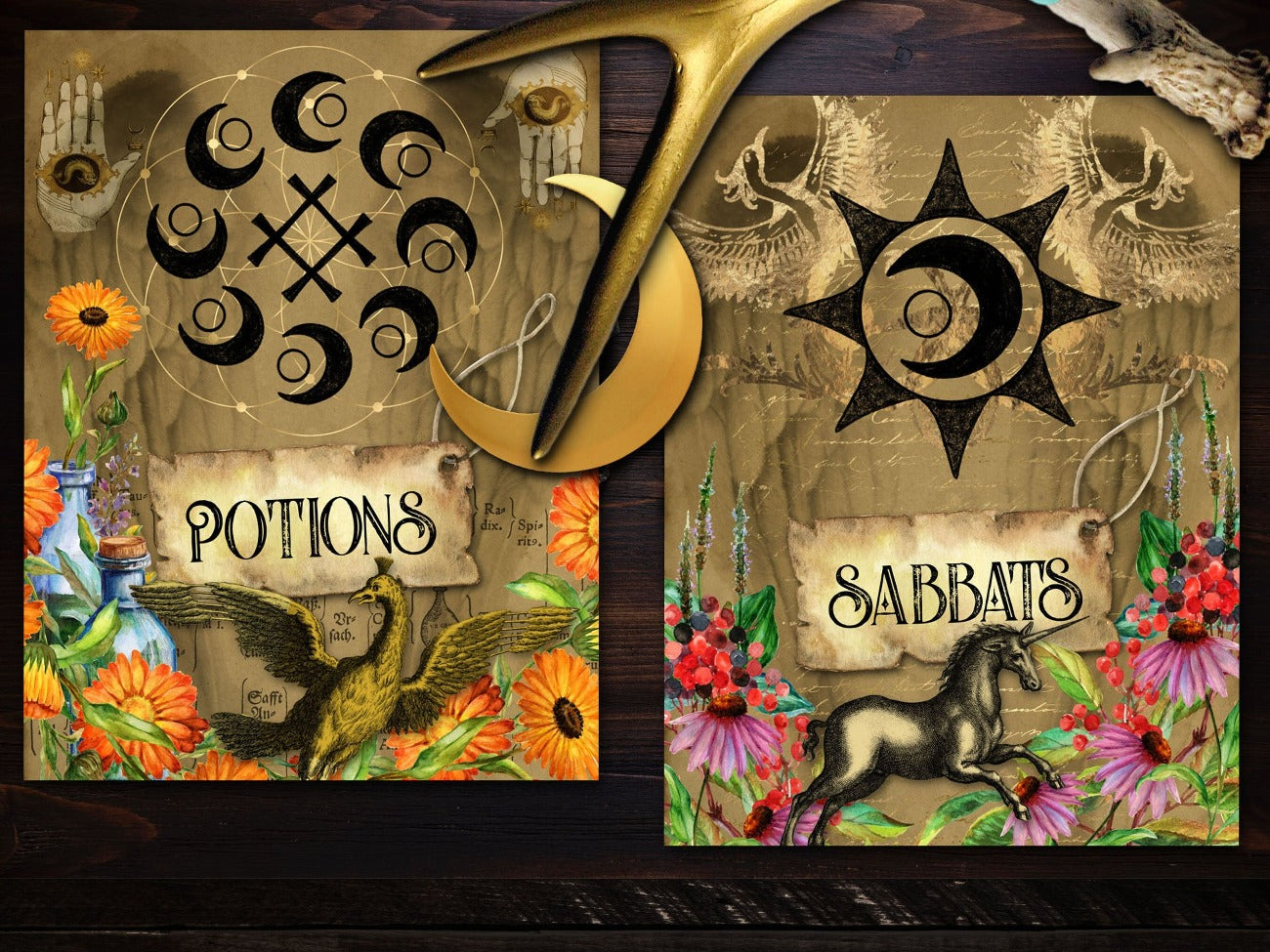 Closeup of Potions and Sabbats Wicca Book of Shadows divider pages. Beautiful Pagan parchment with fantasy creatures, pagan symbols, and flowers - Morgana Magick Spell