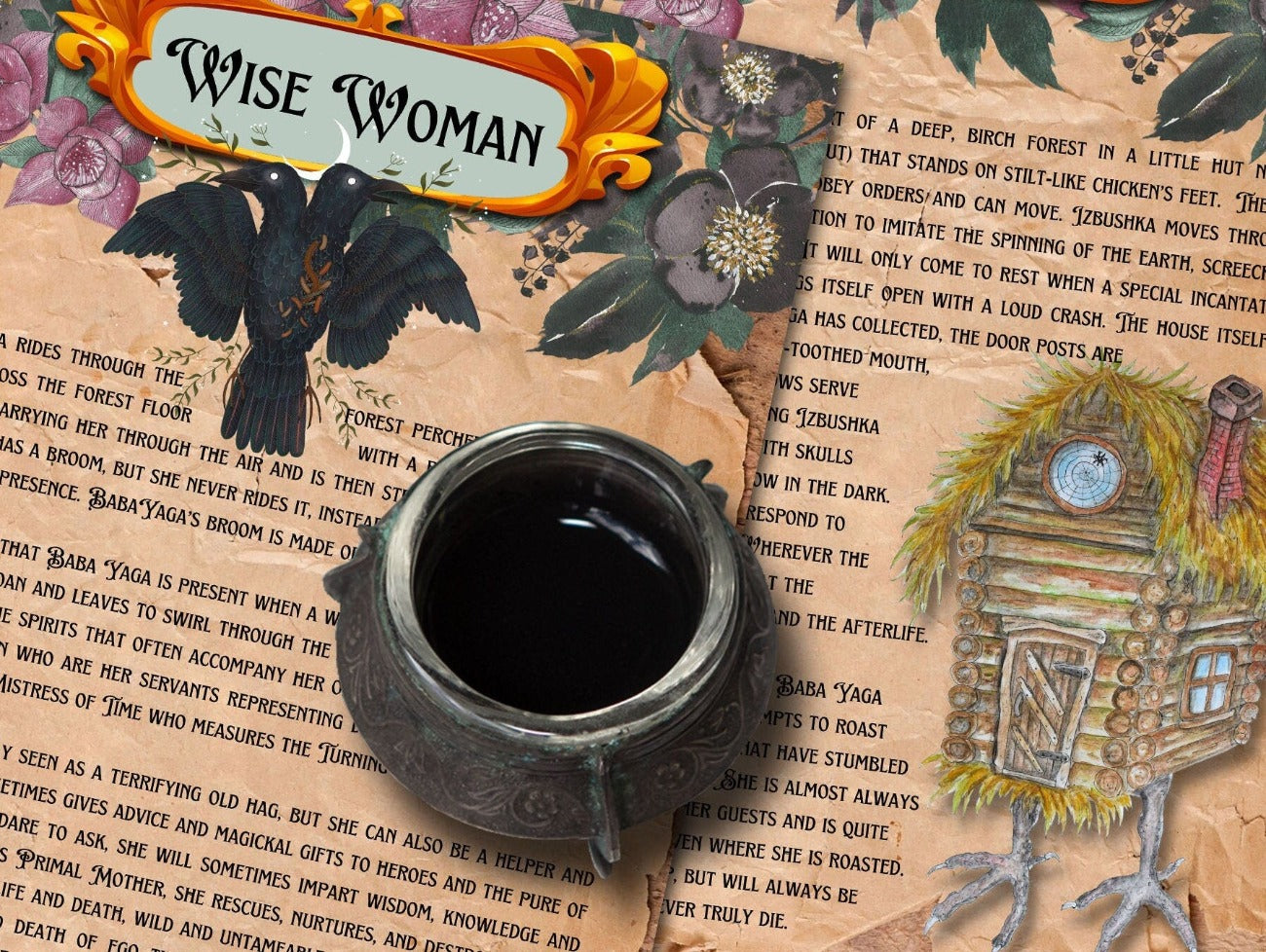 Closeup pages of Baba Yaga the Wise Woman and her Hut are displayed - Morgana Magick Spell