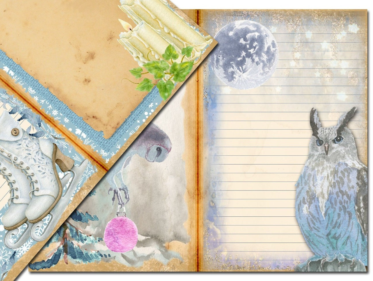 YULE JUNK JOURNAL Printable close-up of Wicca Inspired pages with owls, ice skates and inspirational quotes and images - Morgana Magick Spell