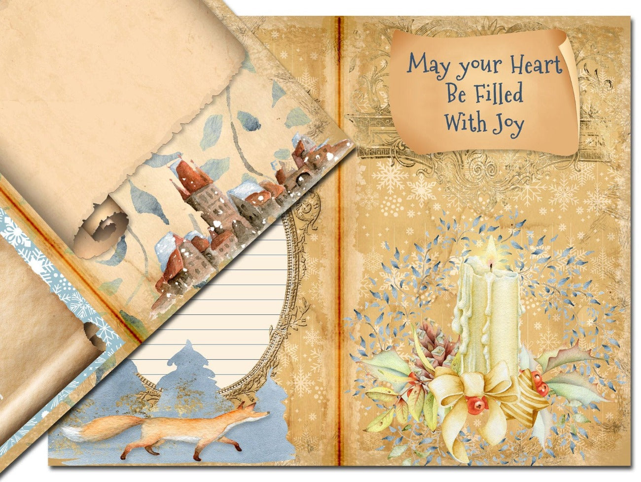 YULE JUNK JOURNAL Printable close-up of Wicca Inspired pages, May Your Heart be Filled with Joy quote and winter fox images - Morgana Magick Spell
