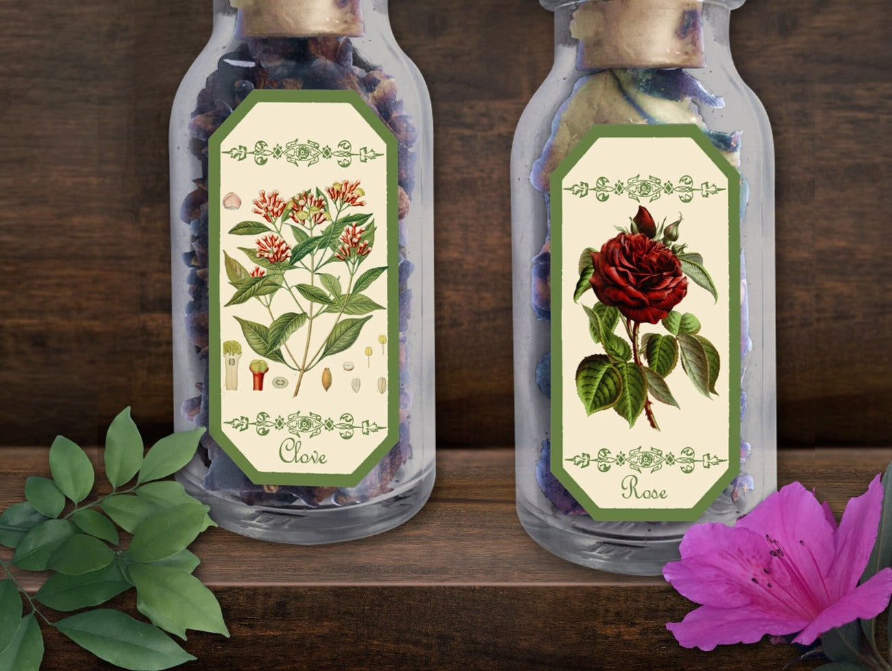 2 HERBAL APOTHECARY LABELS Placed on small jars filled with herbs with corked lids - Morgana Magick Spell