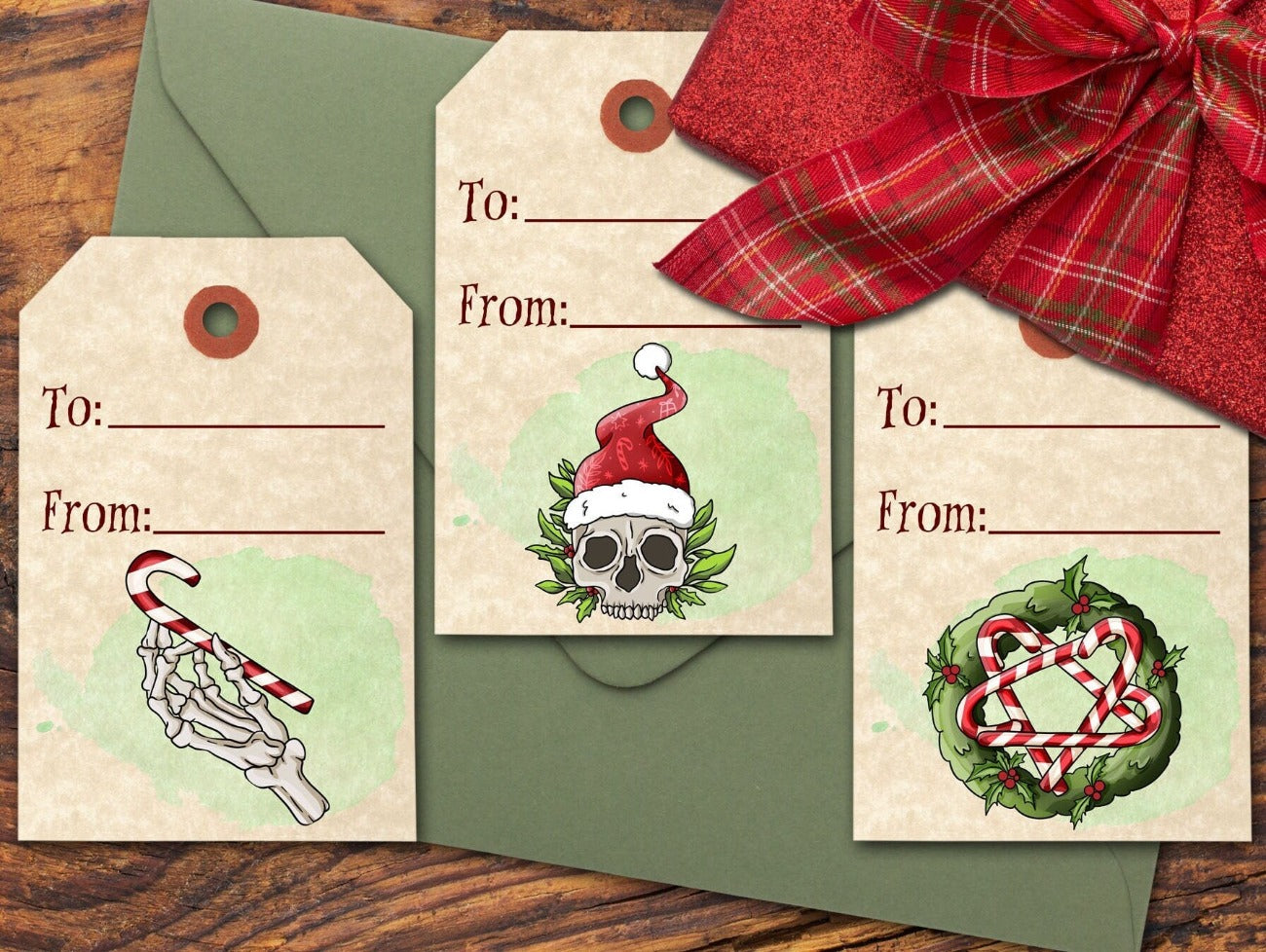 SCARY CHRISTMAS Gift Tag Labels, 3 Tags with a skeleton hand holding and candy cane, a skull in a Santa hat, and a candy cane pentacle wreath - Morgana Magick Spell