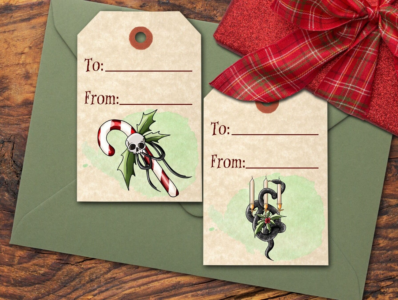 SCARY CHRISTMAS Gift Tag Labels, 2 Tags with a candy cane decorated with holly and a skull and a snake candelabra - Morgana Magick Spell