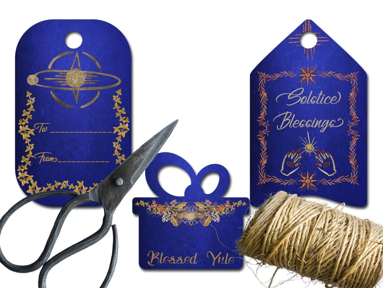 Three YULE Gift Tags placed with twine and scissors - Morgana Magick Spell