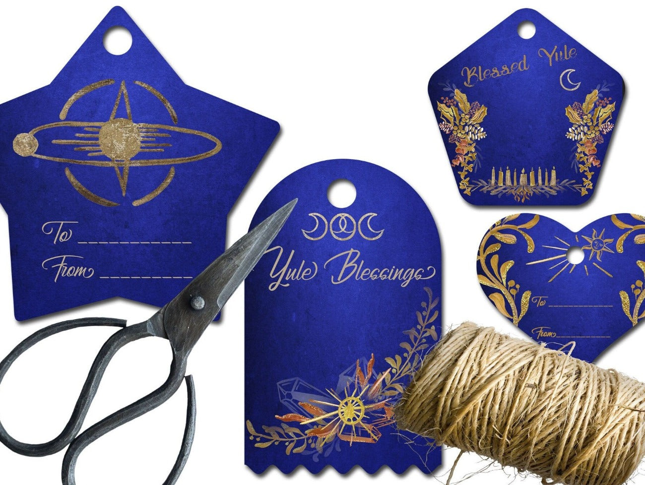 Three YULE Gift Tags placed with twine and scissors - Morgana Magick Spell