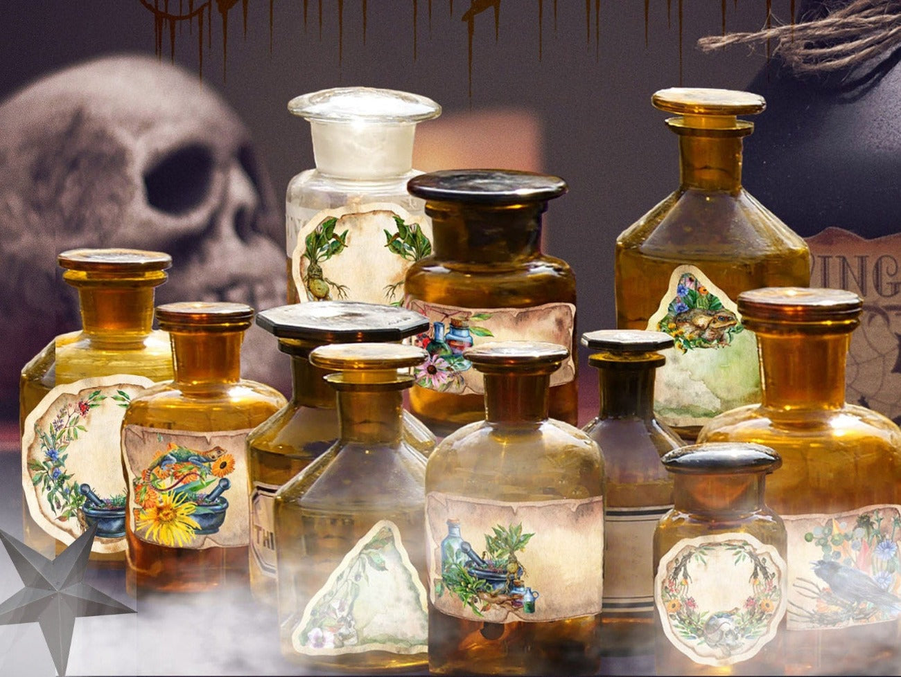 ALCHEMY LABELS Printable 9 Medieval Labels place on various sized witchcraft potion bottles - Morgana Magick Spell