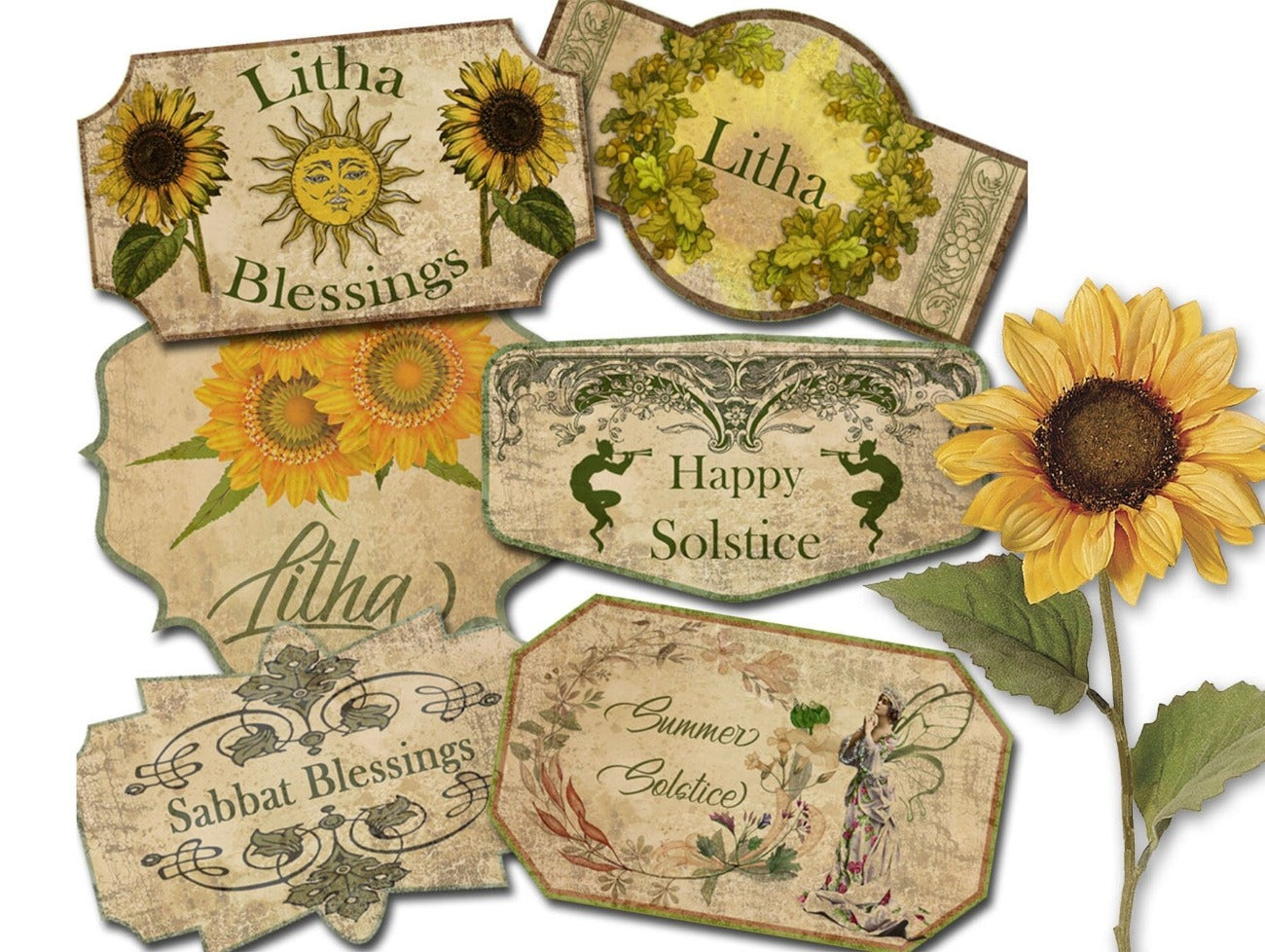 LITHA LABELS Printable 6 Labels, rustic parchment background, Sabbat sayings, sunflowers, oak leaves and fairies - Morgana Magick Spell