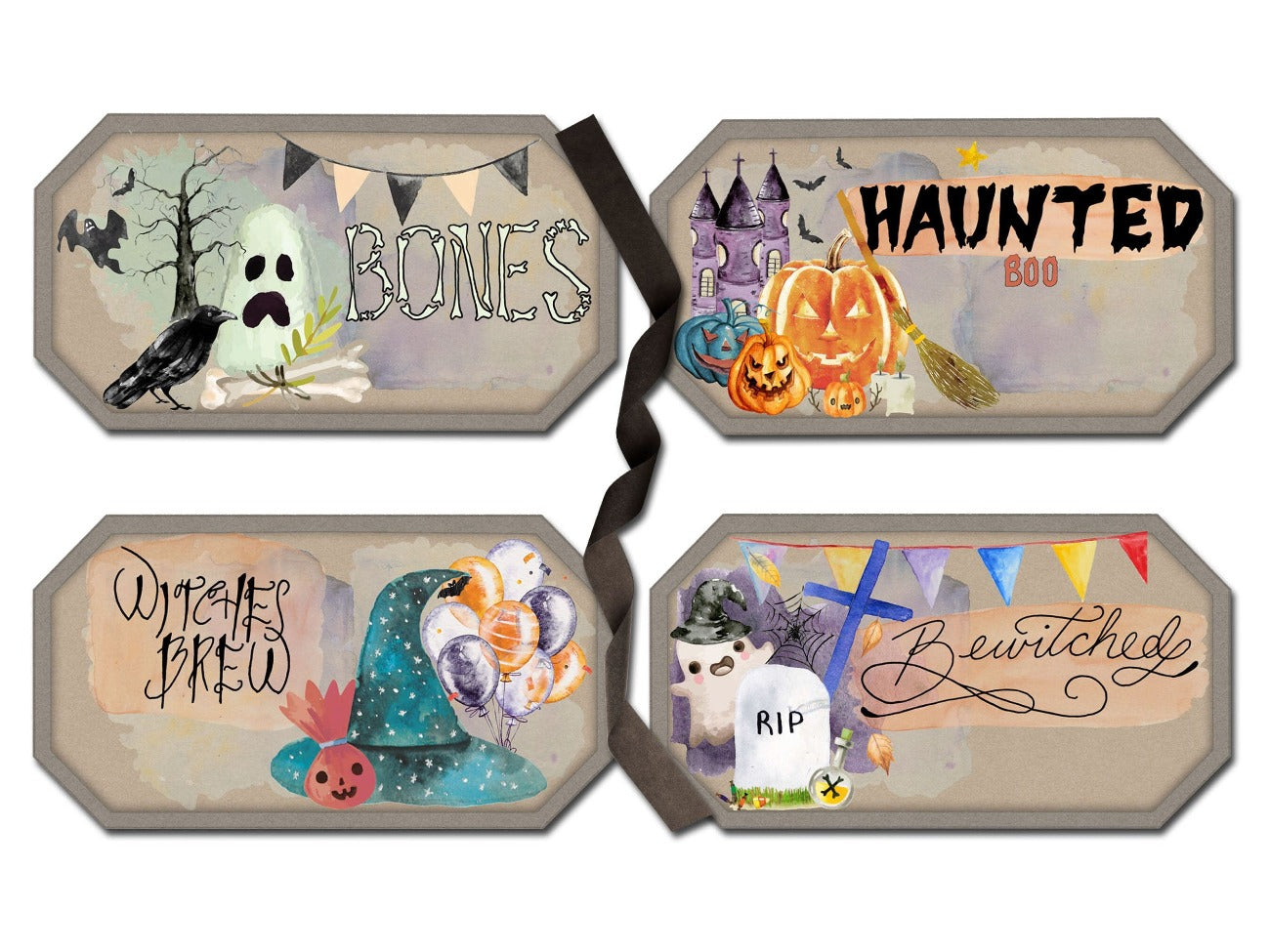 Four HALLOWEEN LABELS A ghost that says Bones, A haunted house with a pumpkin that says haunted, a pretty witch hat that says witches brew and a cute ghost that says bewitched- Morgana Magick Spell