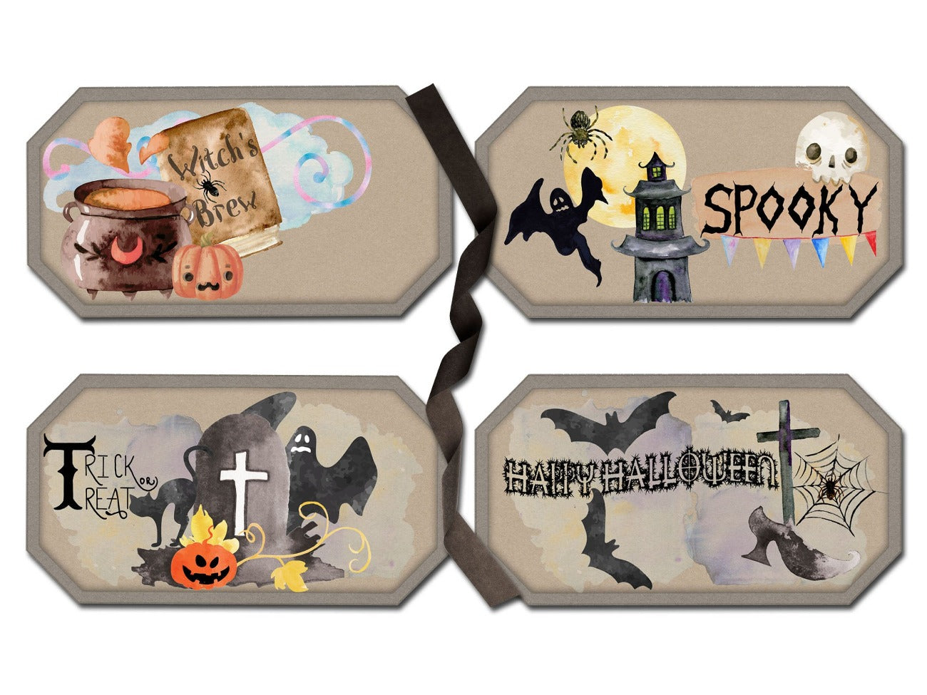 Four HALLOWEEN LABELS With a cauldron and spell book, a full moon and ghost that says spooky, a graveyard that says trick or treat, and flying bats that says Happy Halloween - Morgana Magick Spell