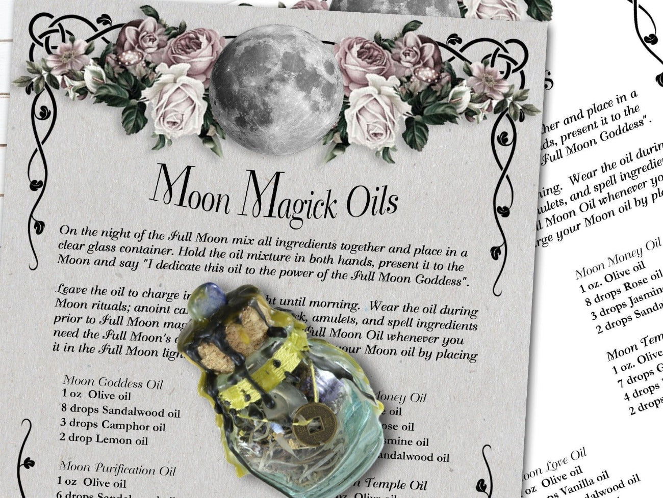 Close-up view of MOON MAGIC OILS Printable Book of Shadows pages, white and grey versions - Morgana Magick Spell