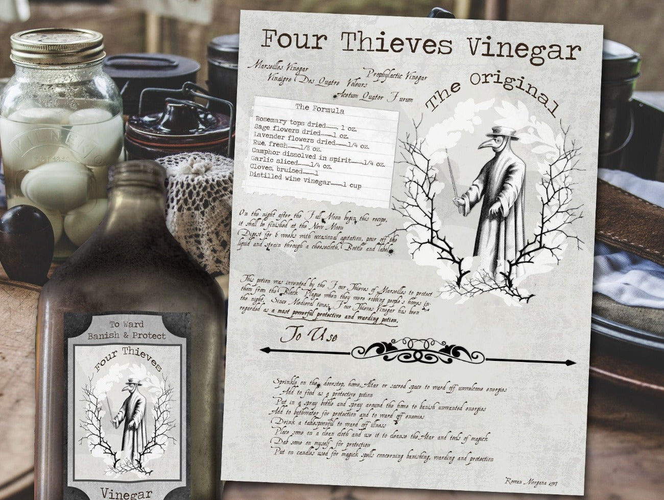 4 THIEVES VINEGAR Recipe Printable 2 Pages with the included potion bottle label - Morgana Magick Spell