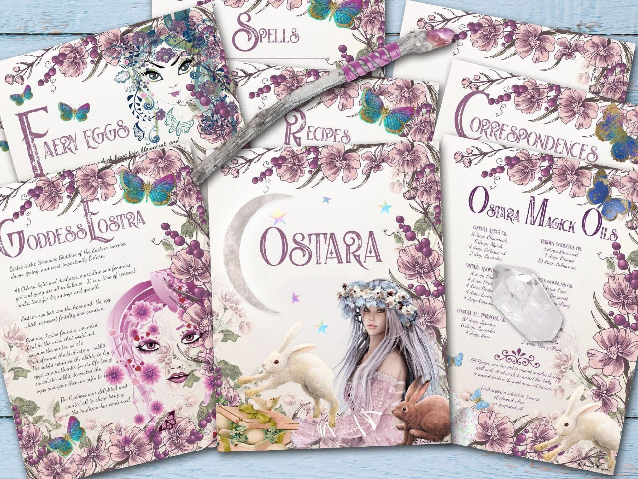 OSTARA BUNDLE, showing Ostara Title page, Ostara Magick Oils, Correspondences, Fairy Eggs, Goddess Eostra, and blank pages - Morgana Magick Spell