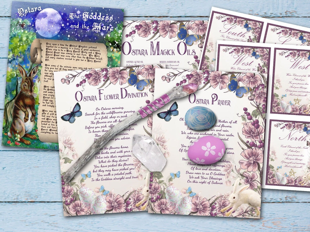 OSTARA BUNDLE, showing Ostara, the Goddess and the Hare, Ostara Flower Divination, Prayer, Oils Recipes and Ostara Quarter Calls Cards - Morgana Magick Spell