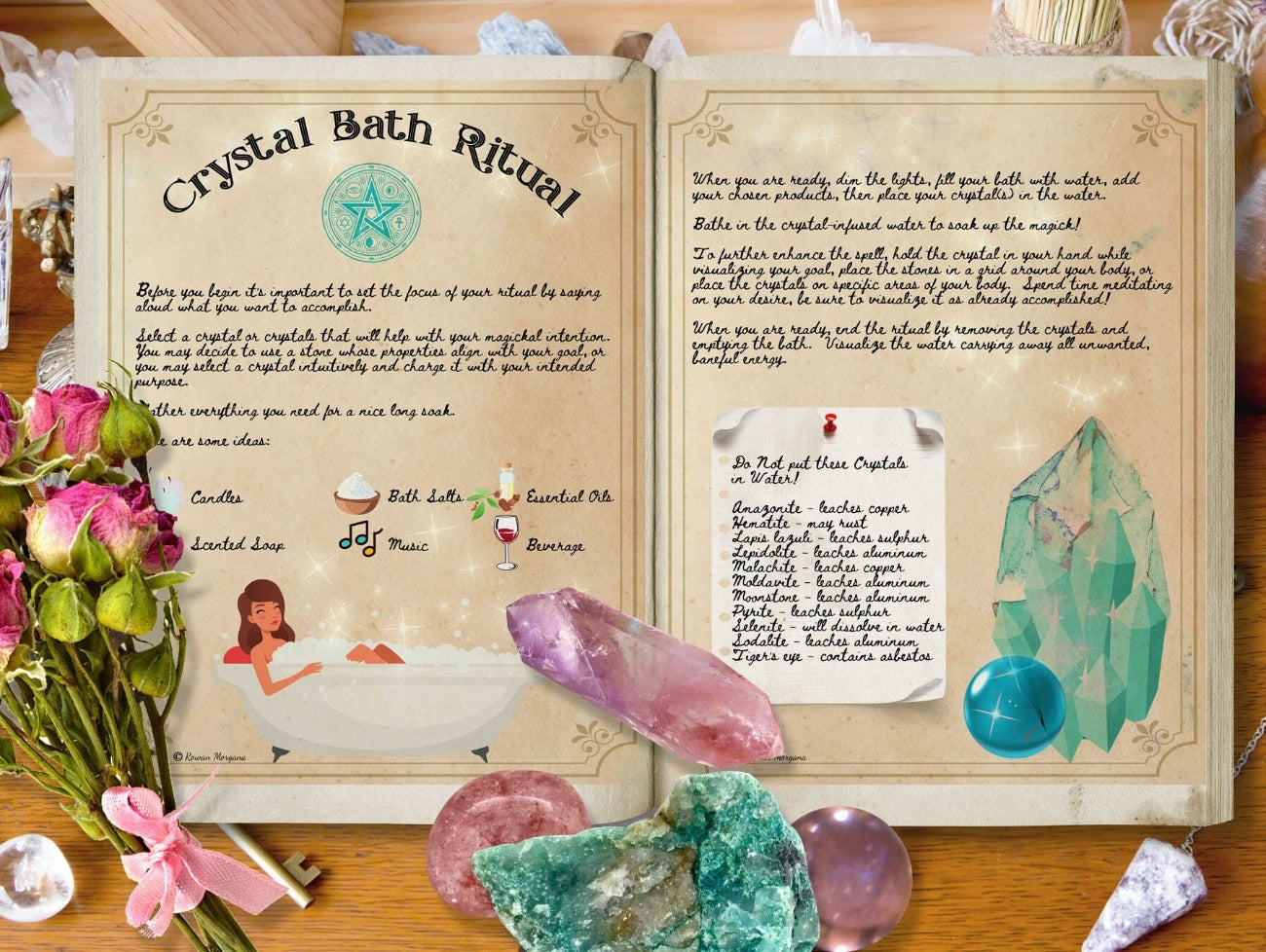 Crystal Bath Ritual is displayed in an open Book of Shadows with crystals and roses placed on and around it.
