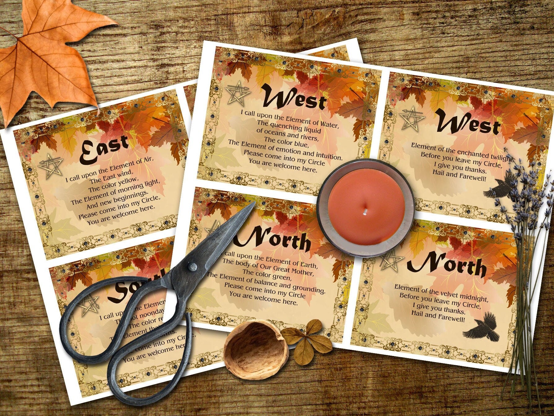 MABON QUARTER CALLS 8 Cards to Call and Release the Quarters, shown four cards to a page on a printed sheet witch scissors and a candle - Morgana Magick Spell