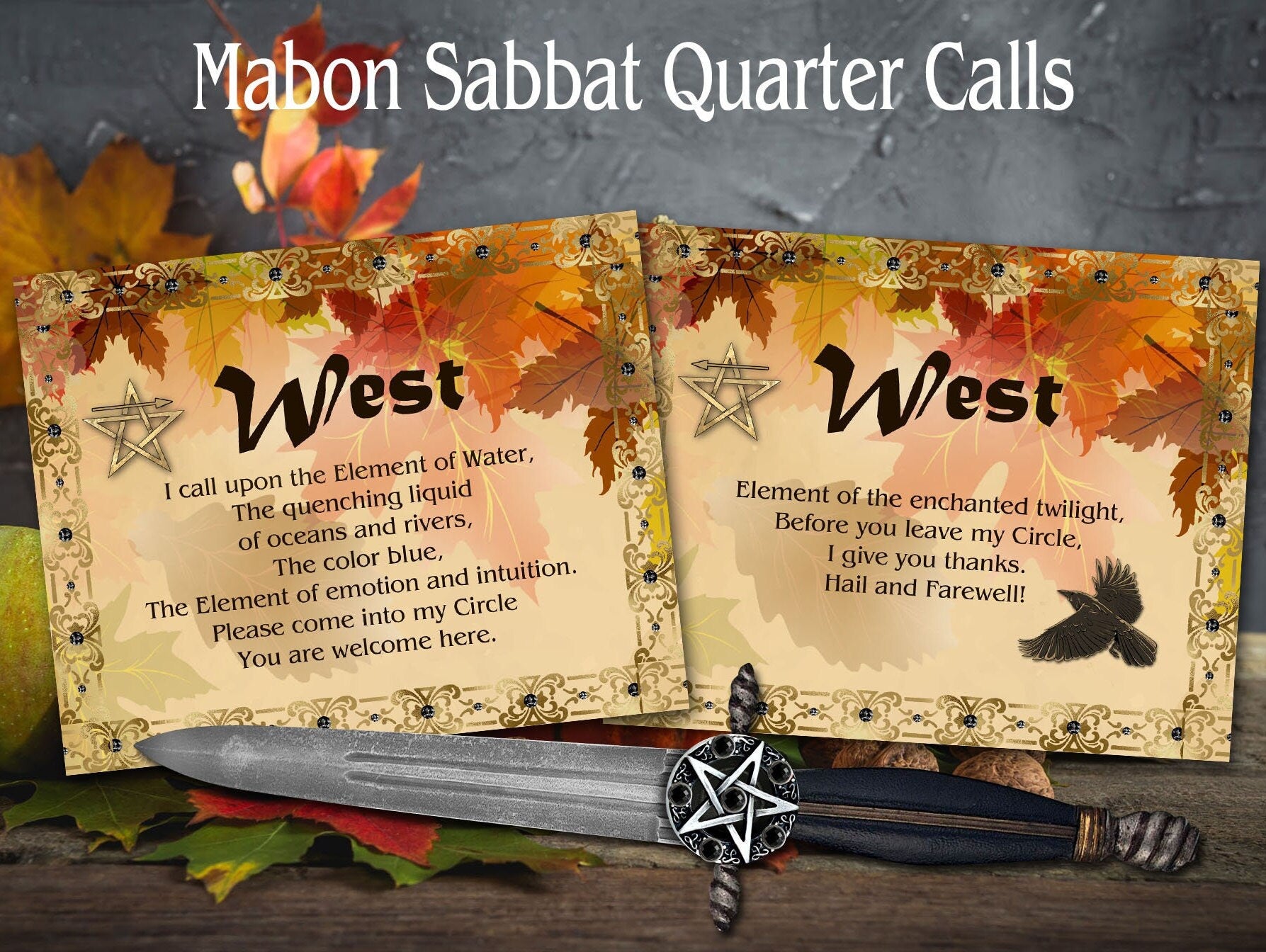 WEST QUARTER CALLS, 2 Cards to Call and Release the Quarters, with invoking and banishing Pentagram diagram included, Printable Cards - Morgana Magick Spell