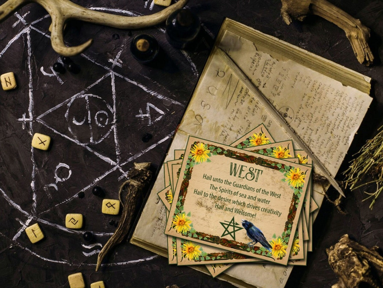 LUGHNASADH QUARTER CALLS 8 Printable Cards to Cast Magic Circle are place on an Altar with runes and a deer antler- Morgana Magick Spell