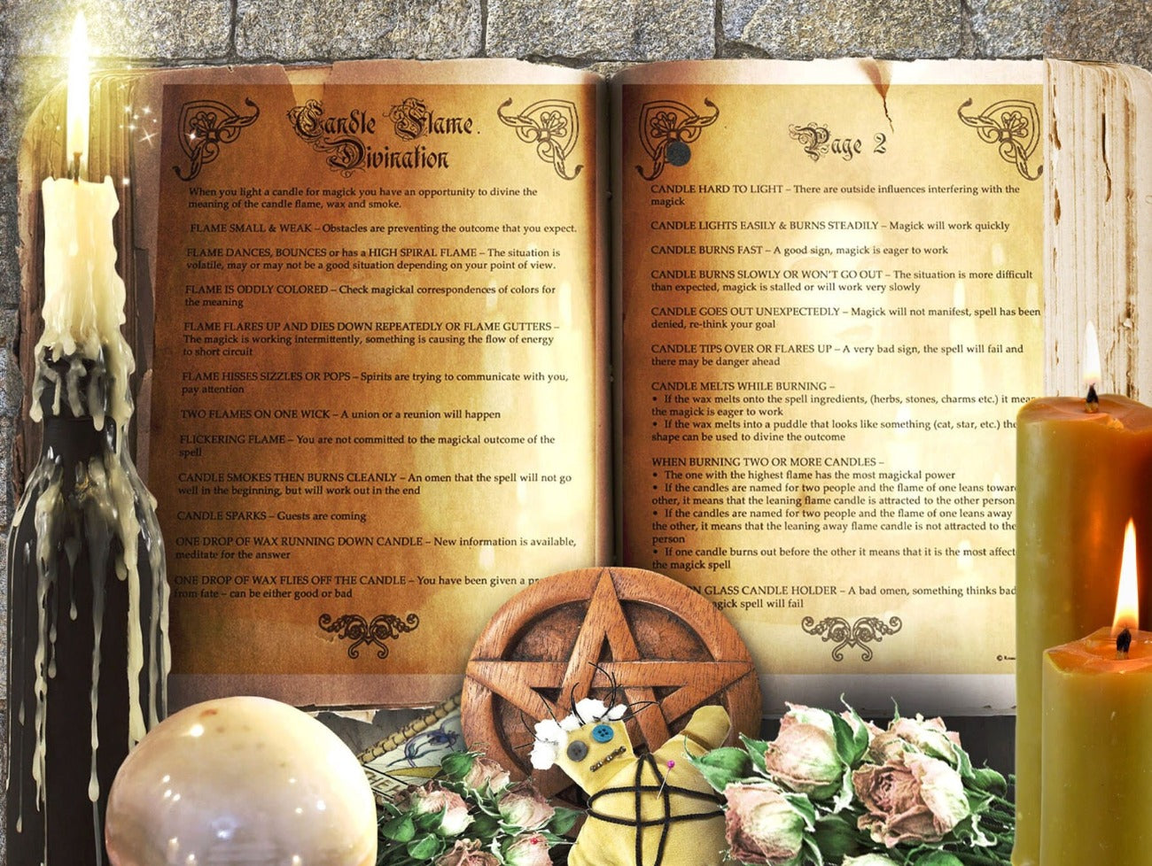 CANDLE FLAME DIVINATION 2 Pages, shown placed in an ancient witchcraft grimoire - Morgana Magick Spell