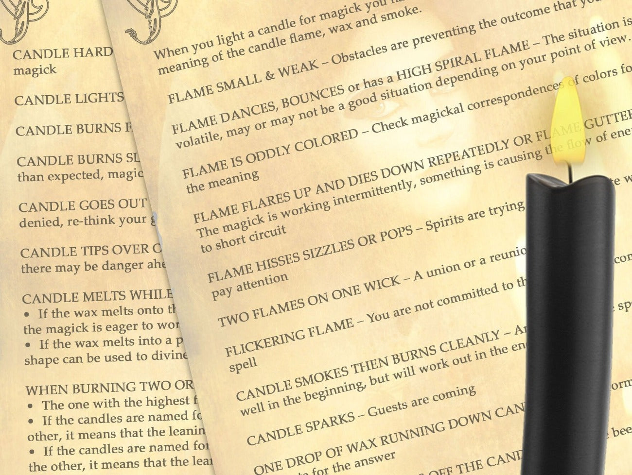 CANDLE FLAME DIVINATION 2 Pages, close up view of the pages - Morgana Magick Spell