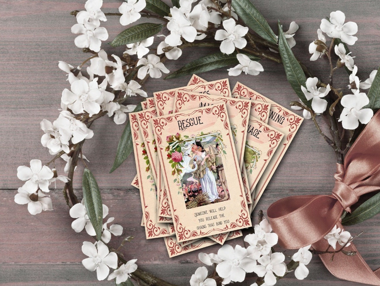 20 Beltane Faery Oracle Cards with rose banners, assorted vintage fairy pictures and ornate borders.