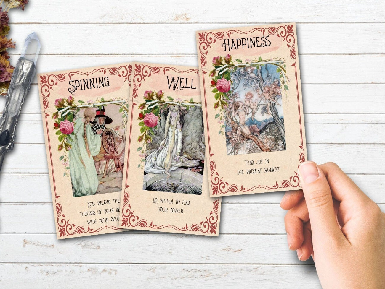 20 Beltane Faery Oracle Cards with rose banners, assorted vintage fairy pictures and ornate borders.