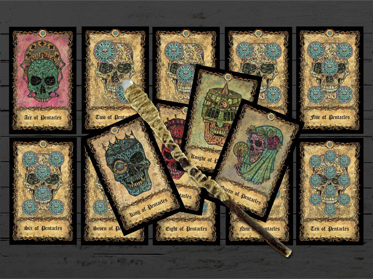 The 14 cards of the suit of Pentacles from Ace to King.