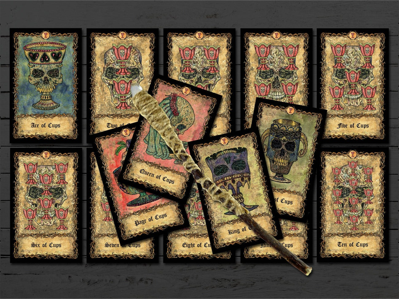 The 14 cards of the suit of Cups from Ace to King.