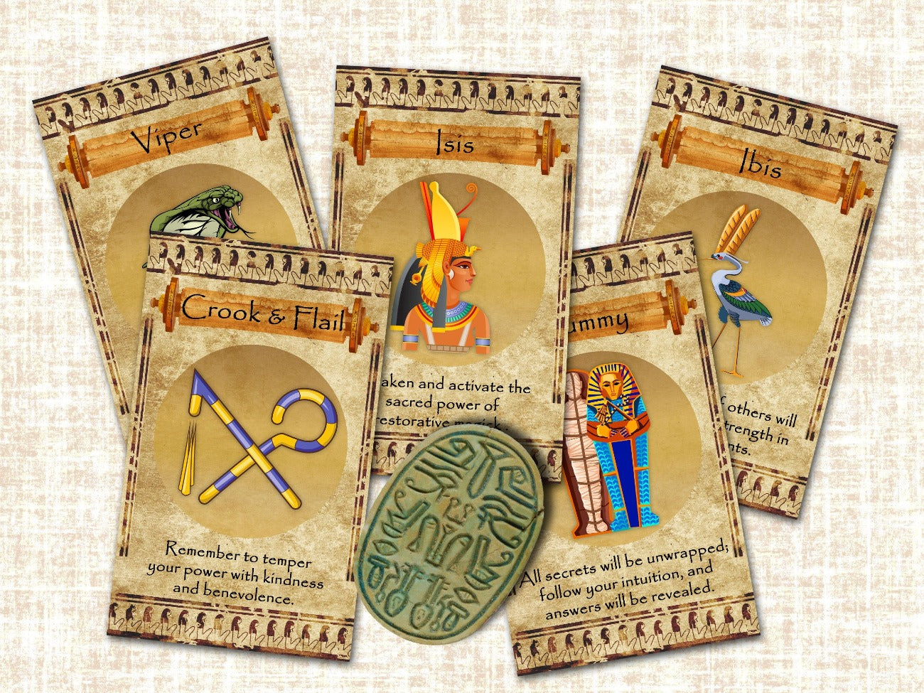 Egyptian Oracle Cards, Viper, Isis, Ibis, Crook and Flail, and Mummy.