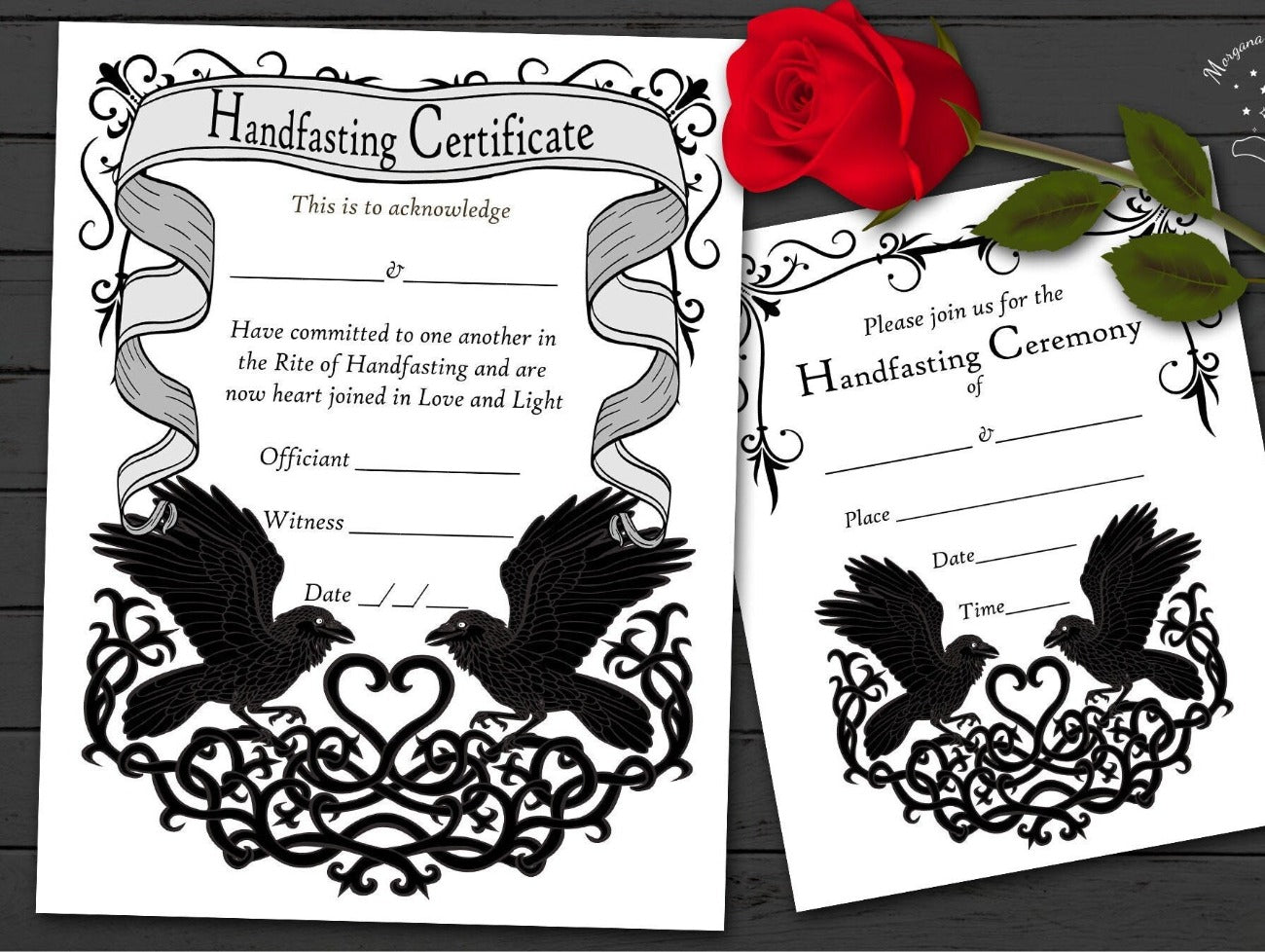 HANDFASTING CERTIFICATE & INVITATION, Printable Raven Love, Wicca Pagan Wedding Ceremony Certificate, Marriage Parchment, Cords and Vows