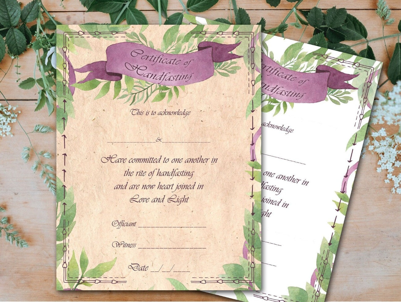 GREENWITCH HANDFASTING CERTIFICATE, Printable Instant Download, 8.5&quot; x 11&quot; Comes with a parchment background and a white background - Morgana Magick Spell