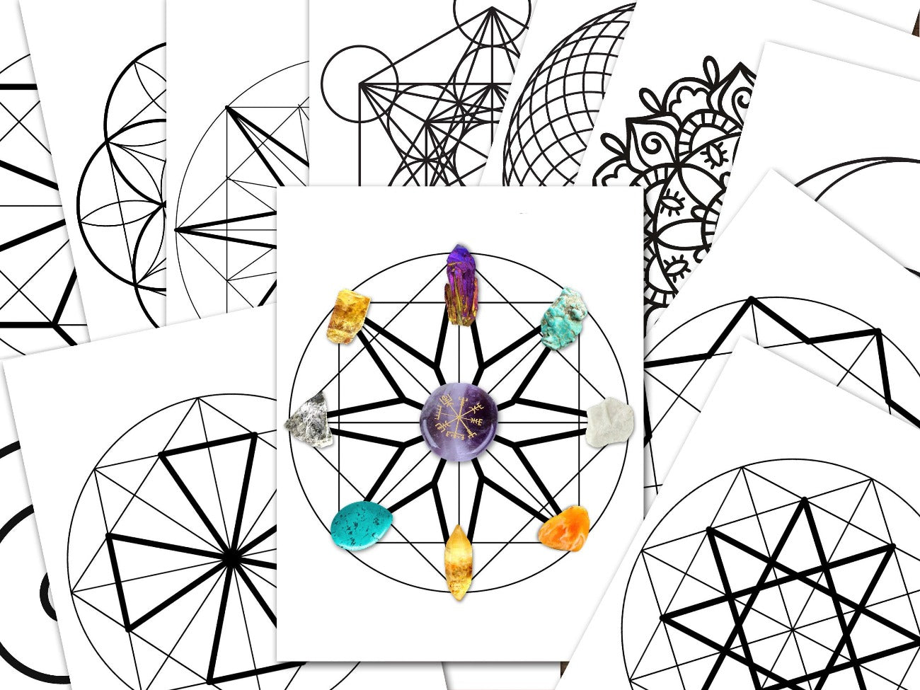 Grid templates, 14 pages, include a spiral, flower of life, mandala, Metatrons Cube, Torus, Vesica Piscis - Morgana Magick Spell