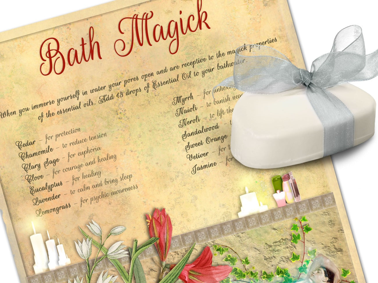 Close-up image of BATH MAGICK Essential Oil Recipes Printable Page - Morgana Magick Spell