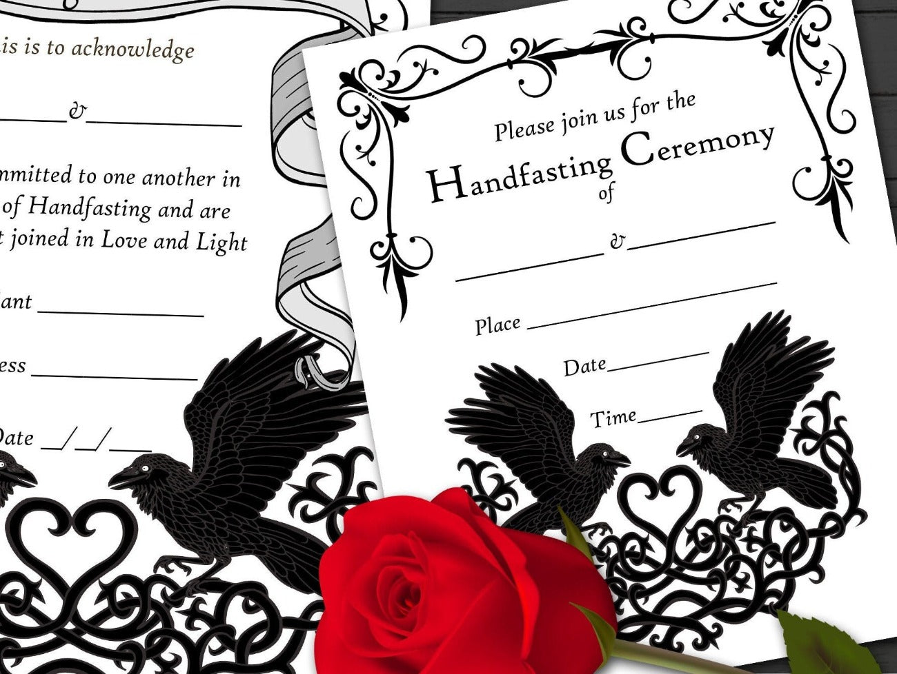 HANDFASTING CERTIFICATE & INVITATION, Printable Raven Love, Wicca Pagan Wedding Ceremony Certificate, Marriage Parchment, Cords and Vows