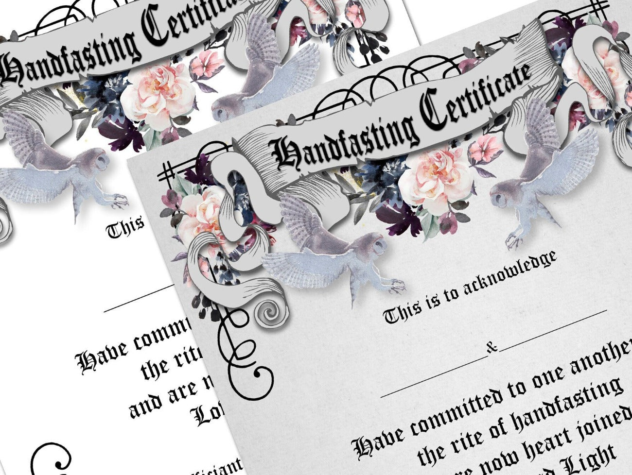 OWLS HANDFASTING CERTIFICATE, Printable Instant Download, 8.5&quot; x 11&quot; Comes with a grey textured background and a white background -Morgana Magick Spell