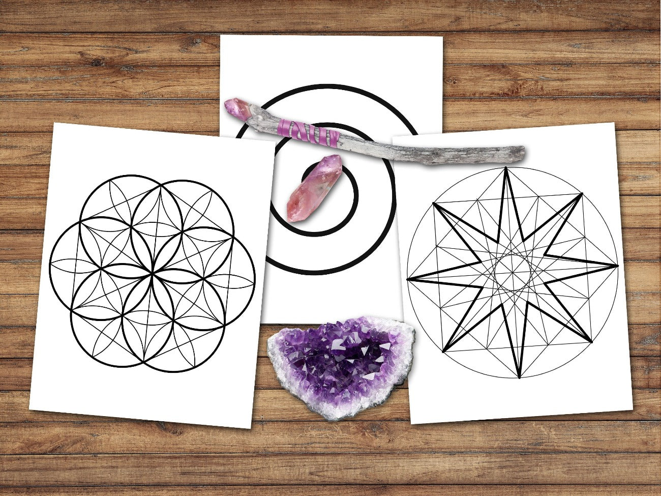 Three crystal grid templates, flower or life, star, and spiral sacred geometry shapes - Morgana Magick Spell
